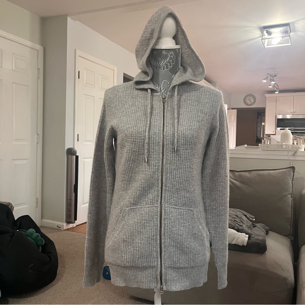 100% Cashmere - White + Warren Gray Hooded Zip-Up Sweater